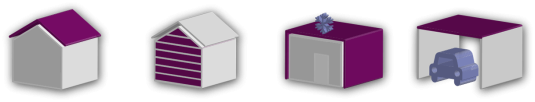 Vier Grafiken mit Haus für Dach und Wandpaneele sowie Kühlhaus und Carport